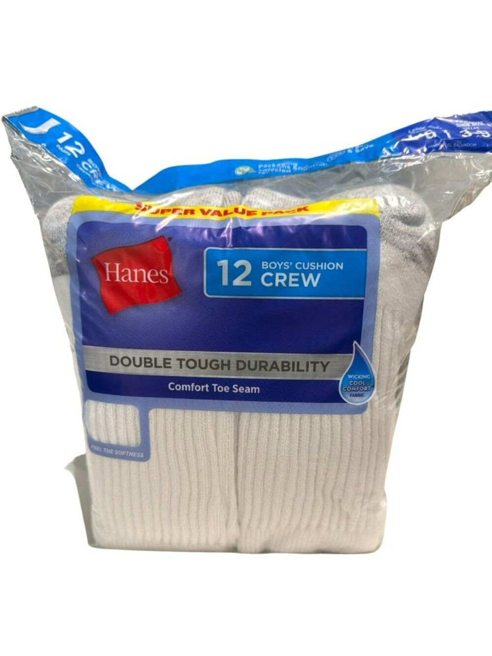 Hanes Boys Cushion Crew Socks 12-Pack Large Size 3-9 New